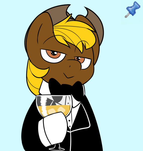 Size: 782x824 | Tagged: safe, artist:2k.bugbytes, ponybooru import, oc, oc:acres, unofficial characters only, earth pony, pony, bipedal, blonde, blonde mane, blue background, bowtie, brown coat, champagne glass, clothes, coat markings, cowboy hat, hat, hazel eyes, hoof hold, image, looking at you, male, png, simple background, smiling, socks (coat marking), stallion, thumb tack, tuxedo