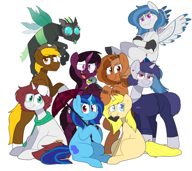 Size: 2520x2248 | Tagged: safe, artist:2k.bugbytes, ponybooru import, gabby, oc, oc:acres, oc:annabelle (zizzydizzymc), oc:cotton coax, oc:delta dart, oc:heart drive, oc:sapphire soulfire, oc:sign, oc:violet evergard, oc:yvette (evan555alpha), unofficial characters only, changeling, earth pony, hippogriff, hybrid, pony, undead, unicorn, vampire, bipedal, bipedal leaning, blonde, blonde mane, blonde tail, blue eyes, business suit, clothed ponies, clothes, coat markings, commission, ear piercing, female, floppy disk, flying, glasses, green eyes, group, image, leaning, looking at you, male, missing cutie mark, mouth hold, open mouth, piercing, plushie, png, ponybooru collab 2021, ponybooru mascot, red eyes, scarf, simple background, sitting, smiling, socks, socks (coat marking), standing, tongue out, transparent background, umbrella