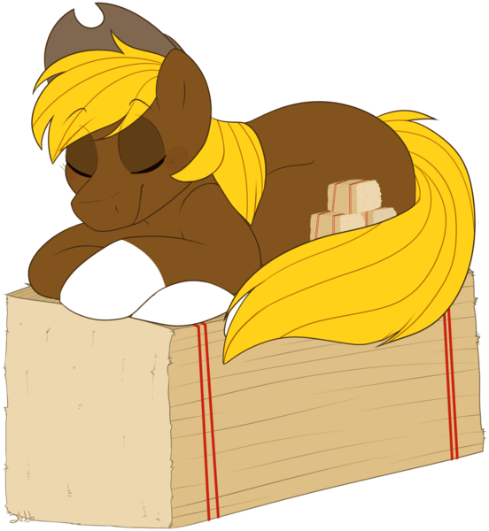 Size: 1693x1839 | Tagged: safe, artist:2k.bugbytes, ponybooru import, oc, oc:acres, unofficial characters only, earth pony, pony, blonde, blonde mane, blonde tail, brown coat, cowboy hat, crossed hooves, eyes closed, hat, hay bale, image, male, png, prone, simple background, sleeping, solo, stallion, transparent background