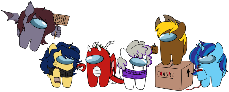 Size: 4771x1935 | Tagged: safe, artist:2k.bugbytes, ponybooru import, oc, oc:acres, oc:boysenberry, oc:dragonfire(havock), oc:flash reboot, oc:sapphire soulfire, oc:sweetnight, unofficial characters only, bat pony, dracony, earth pony, hybrid, unicorn, alcohol, among us, beer bottle, blood bag, box, clothes, crying, fidget cube, hoodie, image, marker, png, sign, sweater, vulgar