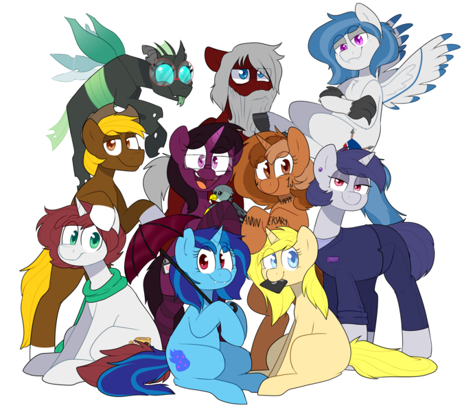 Size: 2520x2248 | Tagged: safe, artist:2k.bugbytes, ponybooru import, gabby, oc, oc:acres, oc:annabelle (zizzydizzymc), oc:cotton coax, oc:delta dart, oc:heart drive, oc:mindful manners, oc:sapphire soulfire, oc:sign, oc:violet evergard, oc:yvette (evan555alpha), unofficial characters only, changeling, earth pony, hippogriff, hybrid, pony, undead, unicorn, vampire, beard, bipedal, bipedal leaning, blonde, blonde mane, blonde tail, blue eyes, business suit, clothed ponies, clothes, coat markings, commission, ear piercing, facial hair, female, floppy disk, flying, glasses, green eyes, group, image, leaning, looking at you, male, missing cutie mark, mouth hold, open mouth, piercing, plushie, png, ponybooru collab 2021, ponybooru mascot, red eyes, scarf, simple background, sitting, smiling, socks, socks (coat marking), standing, tongue out, transparent background, umbrella