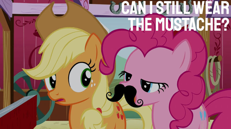 Size: 1280x720 | Tagged: safe, derpibooru import, edit, edited screencap, editor:quoterific, screencap, applejack, pinkie pie, earth pony, pony, season 3, spike at your service, facial hair, fake moustache, female, image, jpeg, mare, moustache