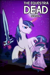 Size: 2000x3000 | Tagged: safe, derpibooru import, edit, shining armor, twilight sparkle, alicorn, pony, unicorn, image, moon, night, parody, png, sword, the walking dead game, weapon