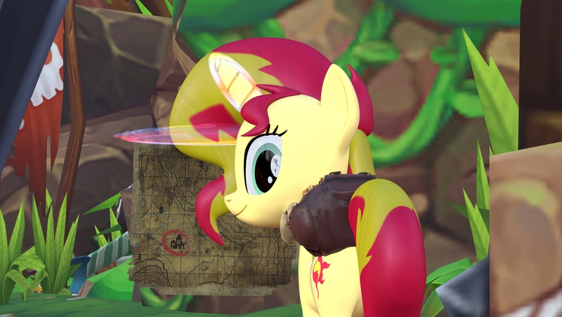 Size: 3820x2160 | Tagged: safe, artist:wissle, derpibooru import, sunset shimmer, pony, unicorn, 3d, atg 2021, backpack, blender, female, high res, image, jpeg, jungle, looking at you, looking back, looking back at you, magic, mare, newbie artist training grounds, plant, simple background, smiling, solo, treasure map