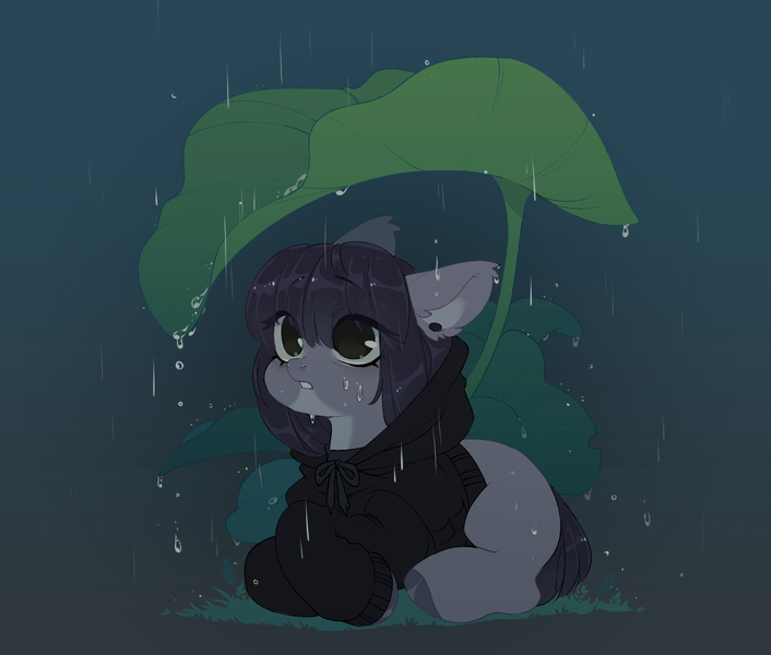 Size: 1401x1191 | Tagged: safe, artist:zilya-lya, derpibooru import, oc, unofficial characters only, earth pony, pony, clothes, ear fluff, ear piercing, earring, grass, hoodie, image, jewelry, jpeg, leaf, lying down, piercing, prone, rain, solo, water, wet
