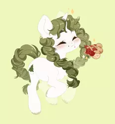 Size: 1135x1222 | Tagged: safe, artist:zilya-lya, derpibooru import, oc, unofficial characters only, pony, unicorn, blushing, braid, eating, eyes closed, food, freckles, green background, image, jpeg, pie, simple background, solo