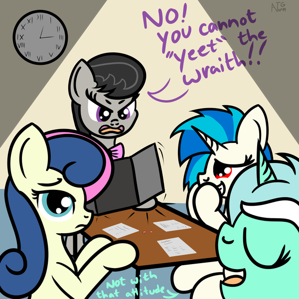 Size: 1999x1999 | Tagged: safe, artist:dafiltafish, derpibooru import, bon bon, lyra heartstrings, octavia melody, sweetie drops, vinyl scratch, earth pony, pony, unicorn, atg 2021, bon bon is not amused, clock, dialogue, dungeons and dragons, image, newbie artist training grounds, octavia is not amused, ogres and oubliettes, pen and paper rpg, png, rpg, tabletop game, unamused
