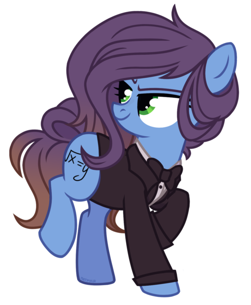 Size: 1216x1476 | Tagged: safe, artist:petruse4ka, derpibooru import, oc, unofficial characters only, earth pony, pony, bowtie, clothes, earth pony oc, female, image, looking back, mare, png, raised hoof, simple background, smiling, smirk, solo, transparent background