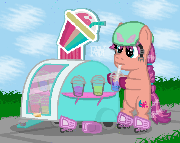 Size: 608x484 | Tagged: safe, artist:jazminakarainy, derpibooru import, sunny starscout, earth pony, pony, animated, bipedal, cart, cup, drinking, eye shimmer, female, g5, gif, helmet, holding, image, roller skates, solo, standing