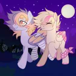 Size: 1080x1080 | Tagged: safe, artist:fluffponee, derpibooru import, oc, unofficial characters only, bat pony, pegasus, pony, bat pony oc, bat wings, duo, ear piercing, earring, full moon, gay, hoof polish, image, jewelry, jpeg, male, moon, night, pegasus oc, piercing, raised hoof, smiling, stallion, stars, wings