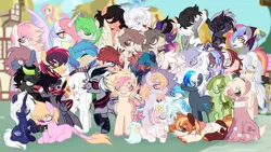 Size: 1080x610 | Tagged: safe, artist:fluffponee, derpibooru import, oc, unofficial characters only, alicorn, earth pony, pegasus, pony, unicorn, alicorn oc, bow, earth pony oc, ethereal mane, female, group, hair bow, hoof polish, horn, image, jpeg, lying down, male, mare, multicolored hair, pegasus oc, prone, rainbow hair, sitting, smiling, stallion, starry eyes, starry mane, two toned wings, unicorn oc, wingding eyes, wings