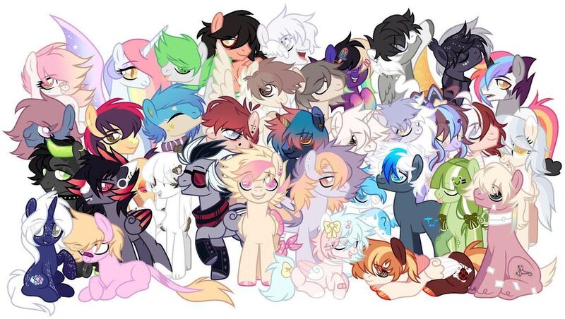 Size: 1080x610 | Tagged: safe, alternate version, artist:fluffponee, derpibooru import, oc, unofficial characters only, alicorn, earth pony, pegasus, pony, unicorn, alicorn oc, background removed, bow, earth pony oc, ethereal mane, female, group, hair bow, hoof polish, horn, image, jpeg, lying down, male, mare, multicolored hair, pegasus oc, prone, rainbow hair, simple background, sitting, smiling, stallion, starry eyes, starry mane, two toned wings, unicorn oc, white background, wingding eyes, wings