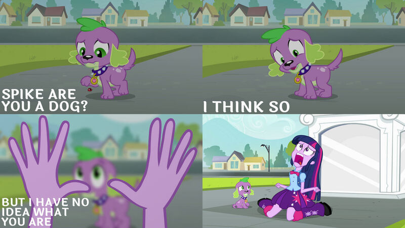 Size: 1280x720 | Tagged: safe, derpibooru import, edit, edited screencap, editor:quoterific, screencap, spike, twilight sparkle, dog, insect, ladybug, equestria girls, equestria girls (movie), boots, clothes, cutie mark, cutie mark on clothes, female, image, jpeg, male, offscreen character, open mouth, pov, screaming, shoes, spike the dog, statue