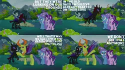 Size: 1280x720 | Tagged: safe, derpibooru import, edit, edited screencap, editor:quoterific, screencap, pharynx, starlight glimmer, thorax, trixie, changedling, changeling, pony, unicorn, season 7, to change a changeling, cape, clothes, female, hat, image, king thorax, male, mare, open mouth, png, trixie's cape, trixie's hat