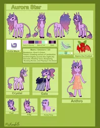 Size: 2667x3388 | Tagged: safe, artist:misskanabelle, derpibooru import, oc, oc:aurora star, unofficial characters only, anthro, pony, unguligrade anthro, unicorn, abstract background, anthro with ponies, base used, clothes, dress, ethereal mane, horn, image, leonine tail, png, pointy ponies, reference sheet, signature, starry mane, unicorn oc