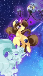 Size: 700x1244 | Tagged: safe, artist:loyaldis, derpibooru import, oc, oc:astral flare, alolan ninetales, chandelure, ninetales, pony, unicorn, dusk balls, female, galaxy, image, magic, png, pokéball, pokémon, pokémon trainer, shooting star, stars