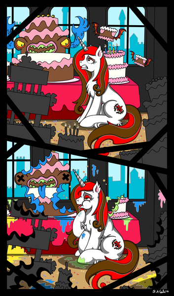 Size: 1500x2550 | Tagged: questionable, artist:x-fang-z, derpibooru import, oc, oc:fleur du mal, unofficial characters only, pony, unicorn, cake, canterlot, comic, fat, female, food, horn, image, mare, png, table, tongue out, unicorn oc, weight gain