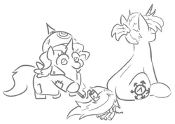 Size: 587x415 | Tagged: safe, artist:jargon scott, derpibooru import, oc, oc:dyxkrieg, oc:okie dokey loki, unofficial characters only, alicorn, pegasus, pony, black and white, clothes, duo, female, filly, firecracker, fireworks, grayscale, half-siblings, hoof hold, image, jacket, magical lesbian spawn, match, monochrome, offspring, parent:oc:dyx, parent:oc:filly anon, parent:oc:luftkrieg, parents:oc x oc, pickelhaube, png, siblings, simple background, sisters, sitting, this will end in explosions, this will not end well, white background
