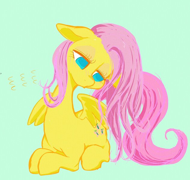 Size: 2048x1944 | Tagged: safe, artist:noupu, derpibooru import, fluttershy, pegasus, pony, female, floppy ears, green background, image, jpeg, lying down, mare, no pupils, ponyloaf, prone, simple background, solo, spread wings, wings