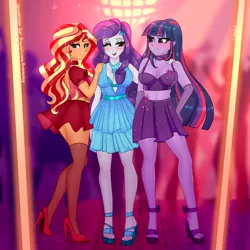 Size: 2000x2000 | Tagged: safe, artist:xjenn9, derpibooru import, rarity, sunset shimmer, twilight sparkle, equestria girls, blushing, choker, clothes, commission, dress, high heels, image, nightclub, one eye closed, open mouth, open smile, open-toed shoes, png, shoes, smiling, socks, stockings, thigh highs, toes, wink, ych result