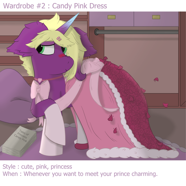 Size: 2500x2500 | Tagged: safe, artist:spiroudada, derpibooru import, oc, oc:velvet sky, pony, unicorn, blushing, bow, clothes, crossdressing, cute, dress, image, male, pink, pink dress, png, princess dress, stallion, story included, velvet wardrobe reboot