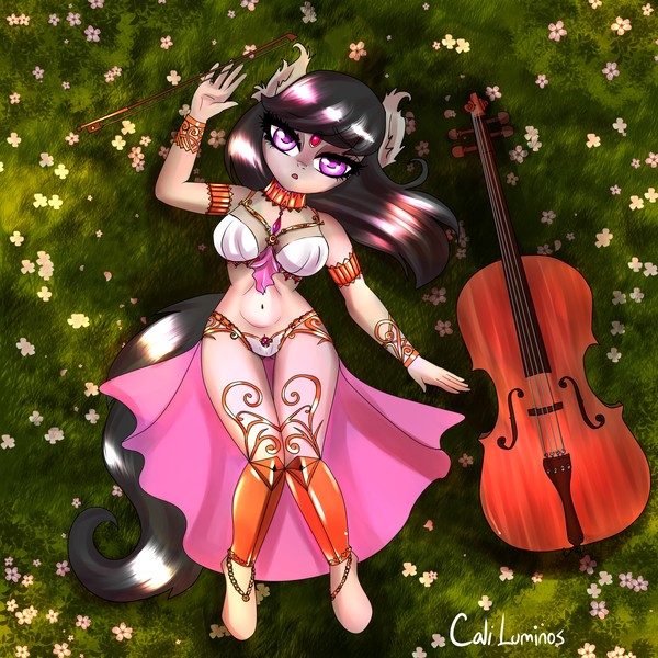Size: 2000x2000 | Tagged: suggestive, artist:cali luminos, derpibooru import, octavia melody, anthro, earth pony, unguligrade anthro, adorasexy, armband, belly button, bow (instrument), bracelet, breasts, busty octavia, cameltoe, cello, cleavage, clothes, cute, dress, ear fluff, female, garden, harem outfit, image, jewelry, jpeg, looking at you, lying down, musical instrument, necklace, :o, on back, open mouth, sexy, solo, solo female