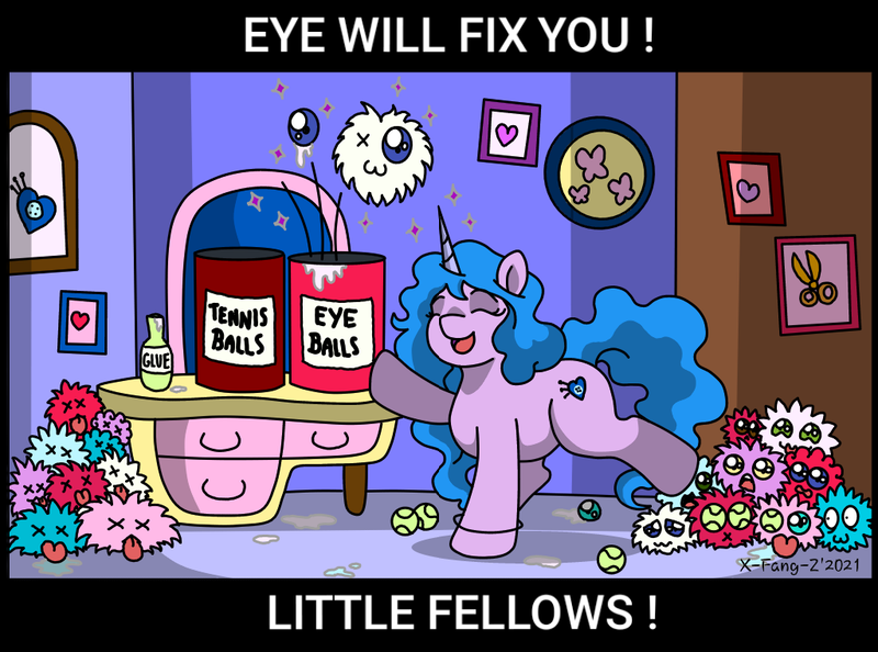 Size: 1024x760 | Tagged: safe, artist:x-fang-z, derpibooru import, izzy moonbow, pony, unicorn, animal, ball, cute, cutie mark, eyes closed, female, g5, image, izzy's tennis ball, izzybetes, mare, picture, png, room, smiling, spell, tennis ball, text