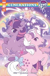 Size: 211x320 | Tagged: artist needed, safe, derpibooru import, idw, twilight (g1), twilight sparkle, twilight sparkle (alicorn), alicorn, pony, unicorn, my little pony: generations, spoiler:comic, spoiler:comicgenerations, bow, comic, comic cover, crossover, duo, duo female, female, females only, g1, g4 to g1, generation leap, image, jpeg, logo, my little pony logo, rainbow, stars, tail bow, text