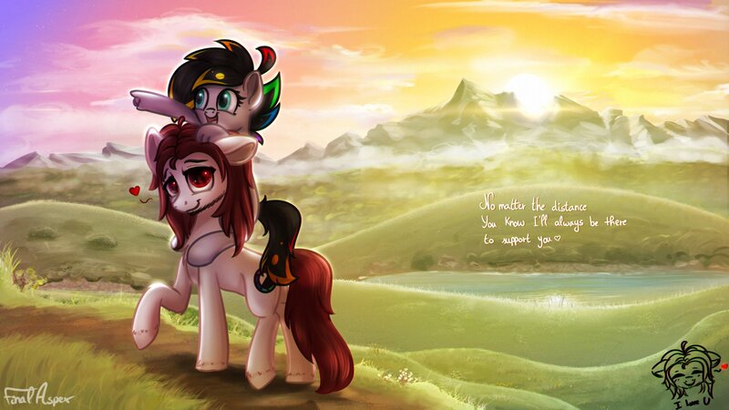 Size: 1920x1080 | Tagged: safe, artist:finalaspex, derpibooru import, oc, oc:cipher wave, oc:finalaspex, unofficial characters only, earth pony, pony, birthday, couple, cute, happy, image, jpeg, ponies riding ponies, riding, scenery, scenery porn, smiling, sunset, walk