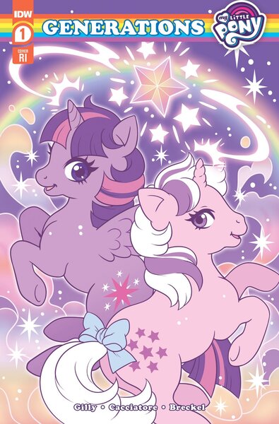 Size: 1348x2048 | Tagged: artist needed, safe, derpibooru import, idw, twilight (g1), twilight sparkle, twilight sparkle (alicorn), alicorn, pony, unicorn, my little pony: generations, spoiler:comic, spoiler:comicgenerations, bow, comic, comic cover, crossover, duo, duo female, female, females only, g1, g4 to g1, generation leap, image, jpeg, logo, my little pony logo, rainbow, stars, tail bow, text