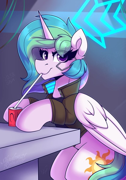 Size: 1500x2150 | Tagged: safe, artist:shadowreindeer, derpibooru import, princess celestia, alicorn, pony, clothes, cyberpunk, drink, drinking straw, image, jacket, jpeg, looking at you, smiling, solo