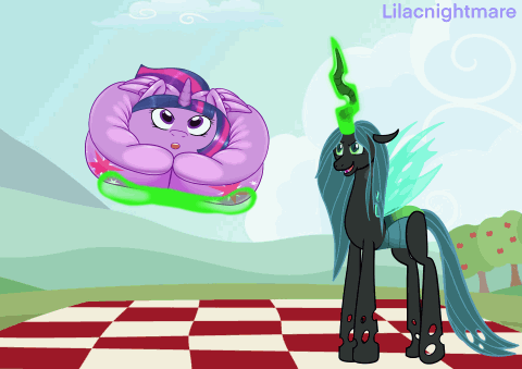 Size: 480x339 | Tagged: suggestive, artist:lilacnightmare, derpibooru import, part of a set, applejack, fluttershy, pinkie pie, queen chrysalis, rainbow dash, rarity, twilight sparkle, twilight sparkle (alicorn), alicorn, changeling, changeling queen, pony, animated, both cutie marks, curled up, female, flattening, gif, image, inanimate object, inanimate tf, magic, mane six, mare, squish, squished, squishy, transformation