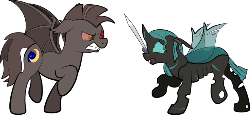 Size: 1920x882 | Tagged: safe, artist:alexdti, derpibooru import, oc, oc:kallaxa, bat pony, changeling, pony, angry, high res, image, male, mouth hold, png, simple background, stallion, sword, transparent background, weapon