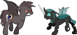 Size: 1920x882 | Tagged: safe, artist:alexdti, derpibooru import, oc, oc:kallaxa, bat pony, changeling, pony, angry, high res, image, male, mouth hold, png, simple background, stallion, sword, transparent background, weapon