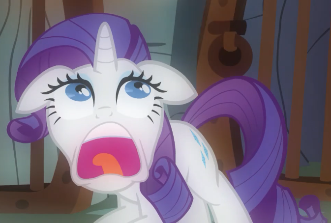 Size: 673x454 | Tagged: safe, screencap, rarity, pony, unicorn, a dog and pony show, cave, cropped, crouching, faic, image, open mouth, png, screaming, solo, stare, wide eyes