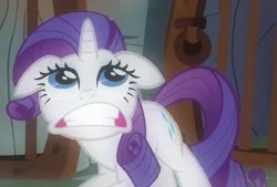 Size: 673x454 | Tagged: safe, screencap, rarity, pony, unicorn, a dog and pony show, cave, cropped, crouching, faic, gritted teeth, image, open mouth, png, solo, stare, wide eyes
