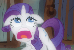Size: 471x318 | Tagged: safe, screencap, rarity, pony, unicorn, a dog and pony show, animated, cave, cropped, crouching, faic, gif, image, open mouth, screaming, solo, stare, wide eyes