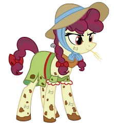 Size: 2269x2550 | Tagged: safe, alternate version, artist:three uncle, derpibooru import, hilly hooffield, earth pony, pony, the hooffields and mccolts, background pony, bow, clothes, female, hair bow, hat, hooffield family, horse collar, image, mare, mud, muddy, pigtails, png, pose, simple background, solo, straw in mouth, sun hat, vector