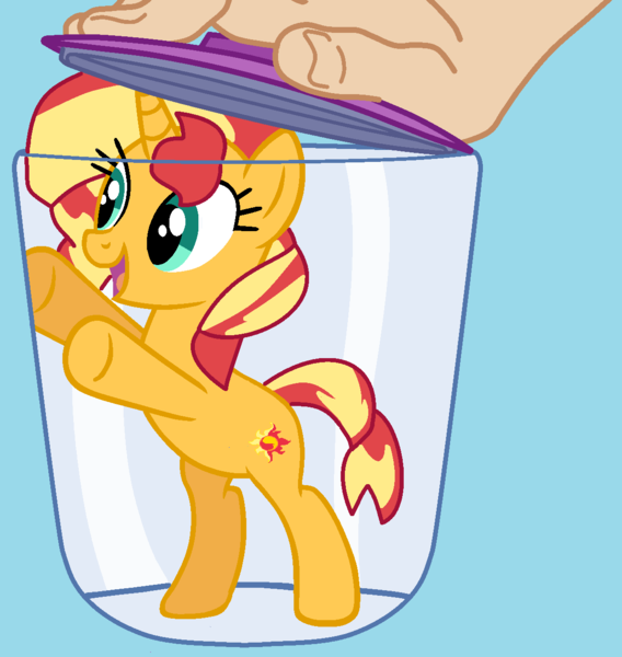 Size: 1194x1262 | Tagged: safe, artist:daisydizzbases, artist:jadethepegasus, derpibooru import, sunset shimmer, human, pony, unicorn, base used, bipedal, blue background, cup, female, hand, image, lid, mare, open mouth, png, raised hoof, simple background, solo, this will not end well