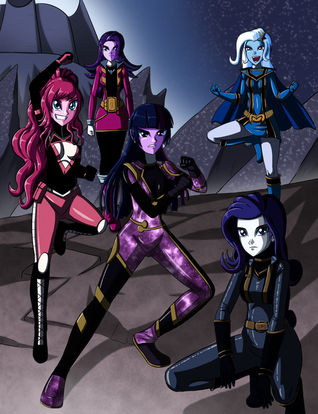 Size: 2988x3880 | Tagged: safe, artist:artemis-polara, derpibooru import, pinkie pie, rarity, starlight glimmer, trixie, twilight sparkle, equestria girls, all-new pink ranger, commission, high res, image, mystic force blue ranger, png, power rangers, solar purple ranger, spd nova ranger, super megaforce pink ranger