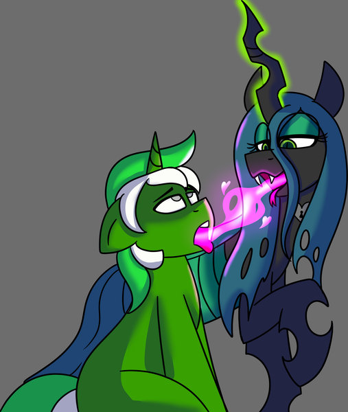 Size: 2446x2895 | Tagged: safe, artist:askhypnoswirl, derpibooru import, queen chrysalis, oc, oc:chain whip, changeling, changeling queen, pony, unicorn, changeling feeding, female, image, png