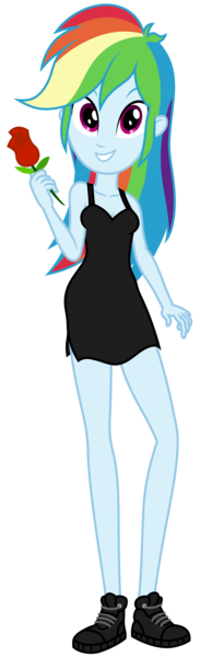 Size: 1100x3600 | Tagged: safe, artist:roseluck, derpibooru import, rainbow dash, equestria girls, black dress, braless, breasts, cleavage, clothes, collarbone, dress, equestria girls style, female, flower, full body, holding, image, inkscape, little black dress, looking at you, png, rainbow dash always dresses in style, raised arm, rose, shoes, short dress, show accurate, simple background, sleeveless, sleeveless dress, smiling, smiling at you, sneakers, solo, standing, transparent background, vector