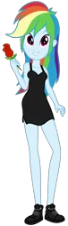 Size: 1100x3600 | Tagged: safe, artist:roseluck, derpibooru import, rainbow dash, equestria girls, black dress, braless, breasts, cleavage, clothes, collarbone, dress, equestria girls style, female, flower, full body, holding, image, inkscape, little black dress, looking at you, png, rainbow dash always dresses in style, raised arm, rose, shoes, short dress, show accurate, simple background, sleeveless, sleeveless dress, smiling, smiling at you, sneakers, solo, standing, transparent background, vector