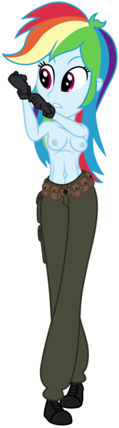 Size: 1000x3600 | Tagged: questionable, alternate version, artist:roseluck, derpibooru import, rainbow dash, equestria girls, abs, areola, belly button, belt, belt buckle, breasts, cargo pants, clothes, collarbone, cosplay, costume, crossover, equestria girls style, female, full body, gloves, image, inkscape, kim possible, missing accessory, nipples, nudity, pants, partial nudity, png, pouch, raised arm, reasonably sized breasts, shoes, show accurate, simple background, sneakers, solo, solo female, topless, transparent background, vector, walking, walking towards you