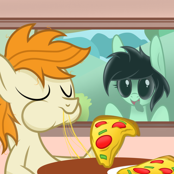Size: 2000x2000 | Tagged: safe, artist:pizzamovies, derpibooru import, oc, oc:bok, oc:pizzamovies, alien, earth pony, pony, cheese, eyes closed, female, food, image, licking, male, mare, meat, messy mane, pepperoni, pizza, png, ponies eating meat, stallion, tongue out