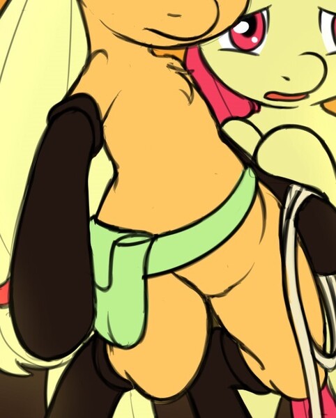 Size: 569x709 | Tagged: safe, artist:vulapa, derpibooru import, edit, apple bloom, applejack, earth pony, pony, somepony to watch over me, bag, belly, bipedal, boots, clothes, cropped, fireproof boots, image, jpeg, pictures of bellies, rope, shoes, solo focus
