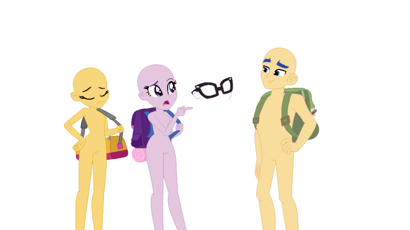 Size: 1280x720 | Tagged: safe, artist:hk-bases, derpibooru import, flash sentry, sci-twi, sunset shimmer, twilight sparkle, human, equestria girls, legend of everfree, backpack, backsack, bag, bags, balls, base used, eyes closed, female, glasses, hand on hip, image, male, nudity, open mouth, png, pointing, trio