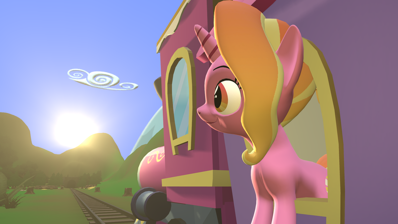 Size: 1920x1080 | Tagged: safe, artist:red4567, derpibooru import, luster dawn, pony, unicorn, the last problem, 3d, atg 2021, female, g4, image, mare, newbie artist training grounds, png, solo, solo female, source filmmaker, sunrise, train