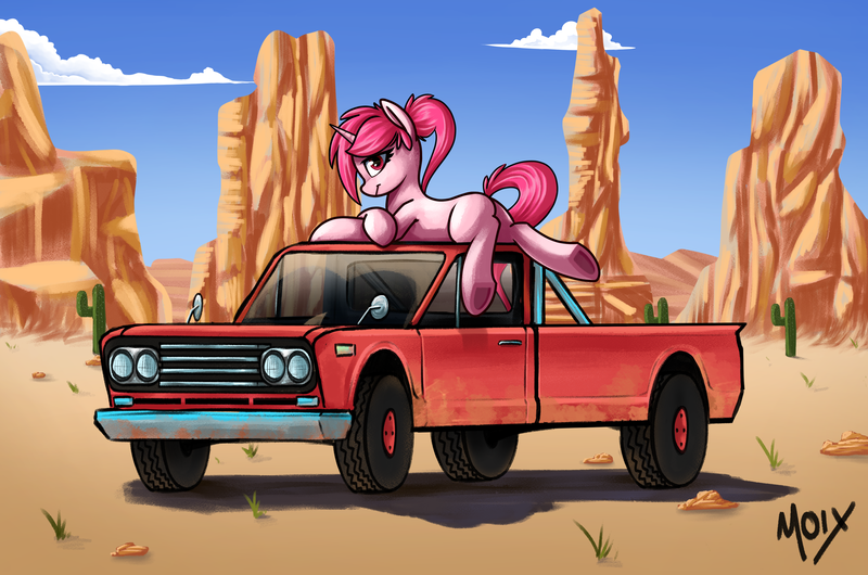 Size: 3141x2082 | Tagged: safe, artist:supermoix, derpibooru import, oc, oc:metralla, pony, unicorn, desert, image, looking at you, png, simple background, solo, truck