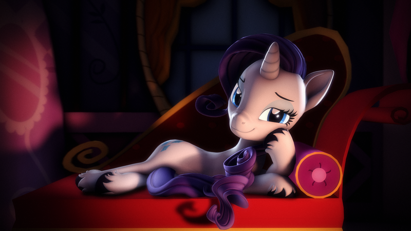 Size: 3840x2160 | Tagged: safe, artist:psfmer, derpibooru import, rarity, unicorn, 3d, bedroom eyes, carousel boutique, couch, draw me like one of your french girls, fainting couch, image, png, solo, source filmmaker, stupid sexy rarity